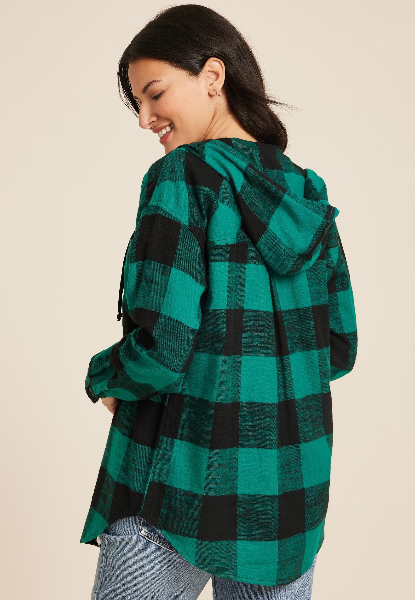 Maurices Womens Cabin Plaid Boyfriend Hooded Button Down Shirt Brown Size X Small Product Image