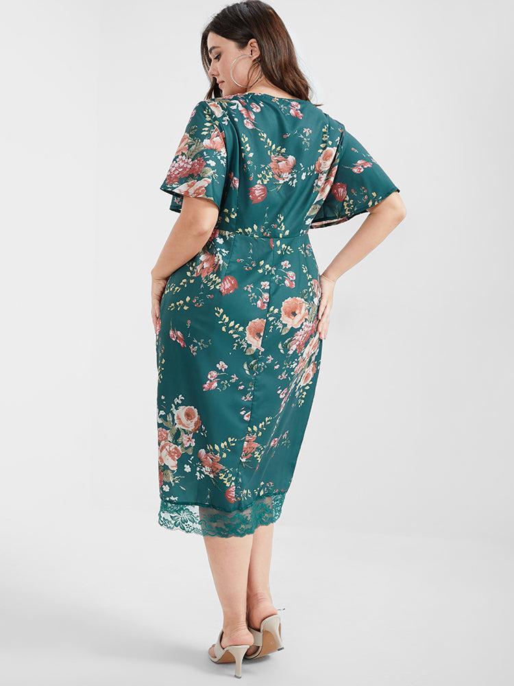 Floral V Neck Lace Button Bodycon Dress Female Product Image