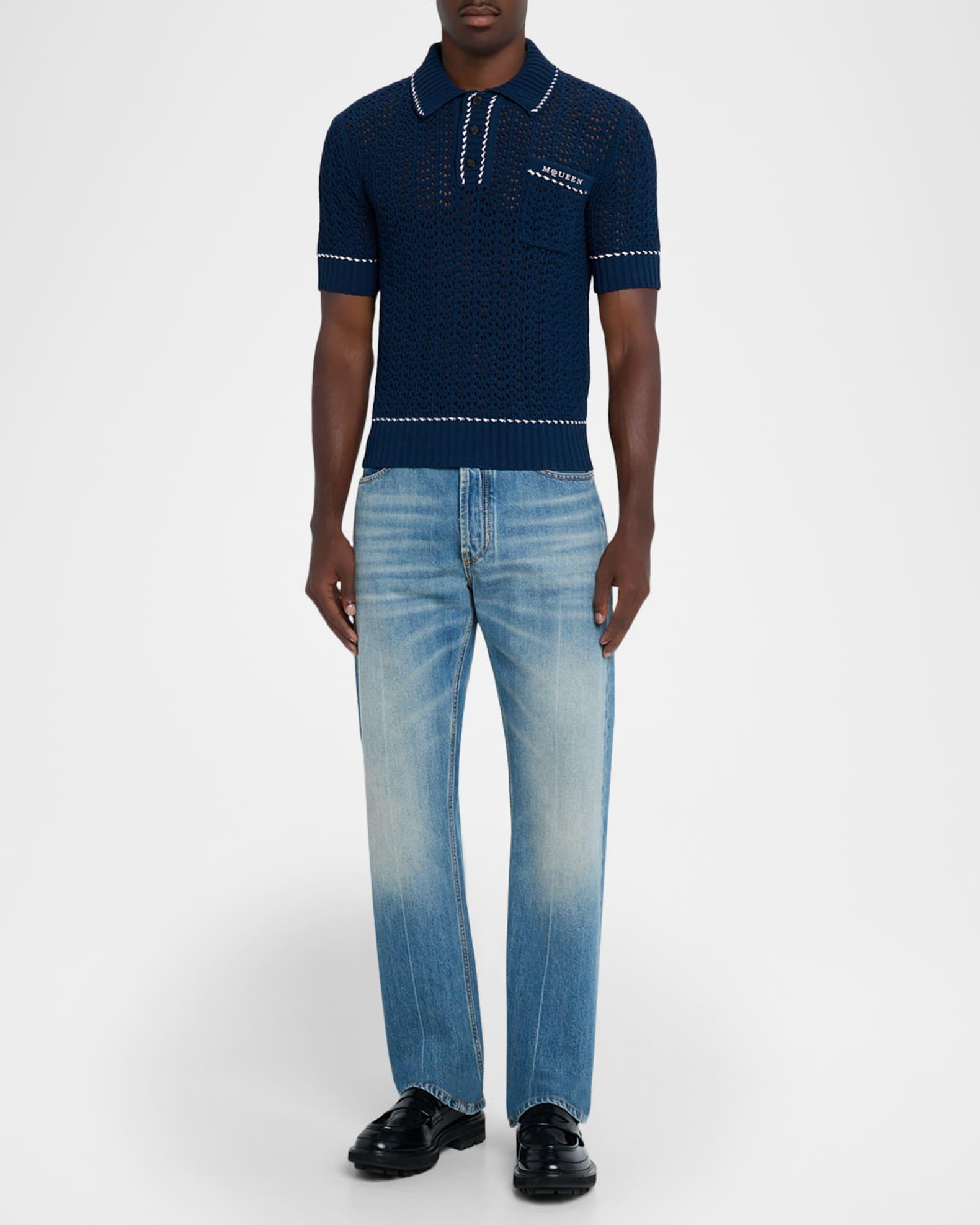 Men's Crochet Knit Short-Sleeve Pocket Polo Sweater Product Image