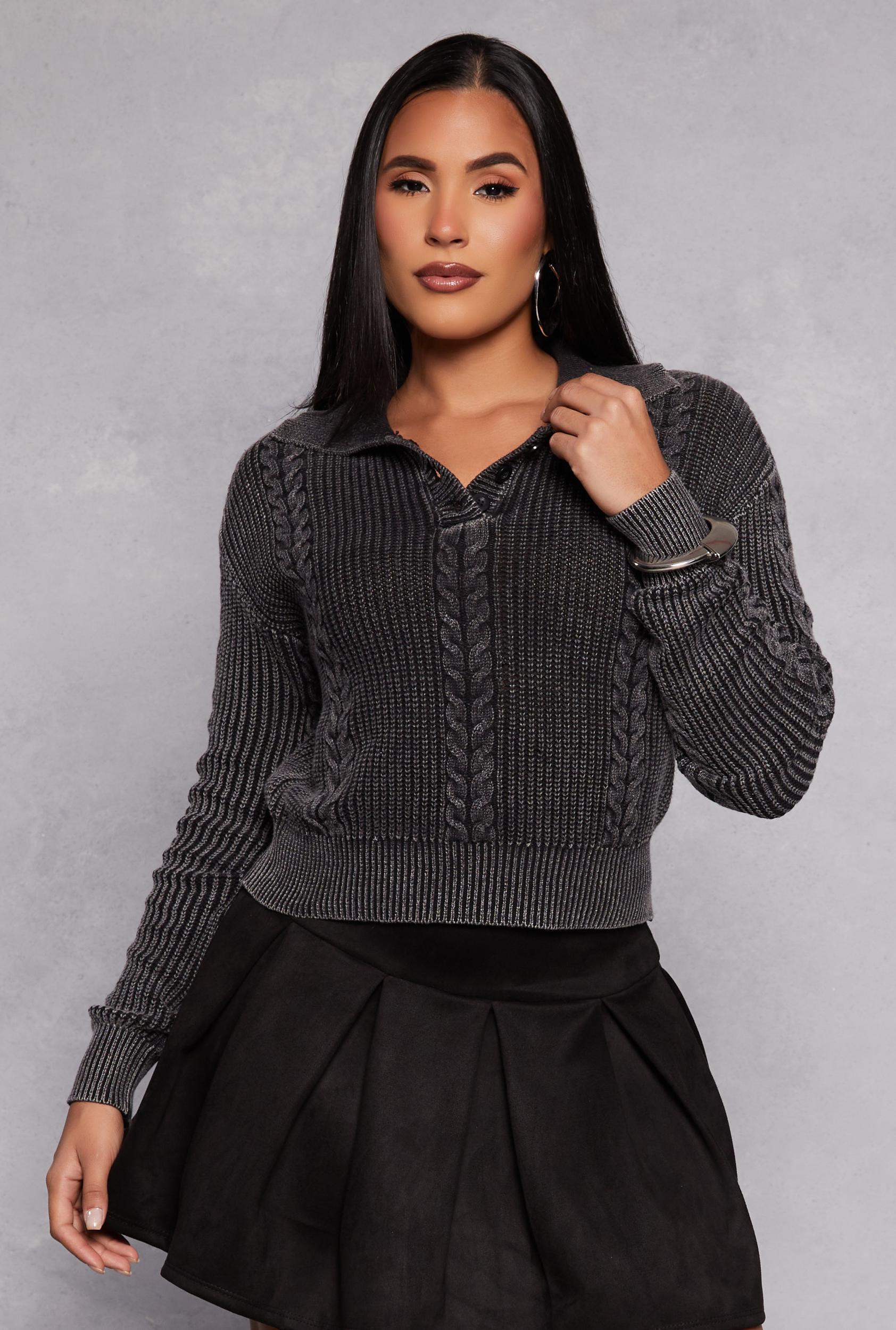Womens Cable Knit Johnny Collar Sweater Product Image