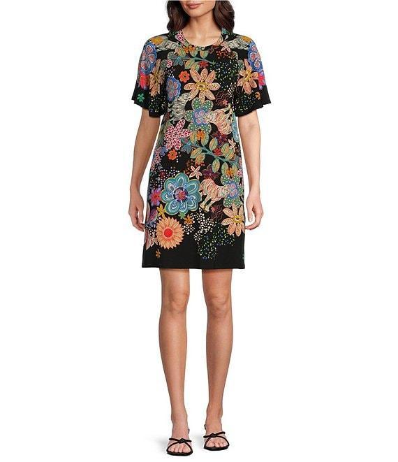 JOHNNY WAS The Janie Favorite Bold Floral Print Knit Round Neck Elbow Flutter Sleeve Shift Dress Product Image