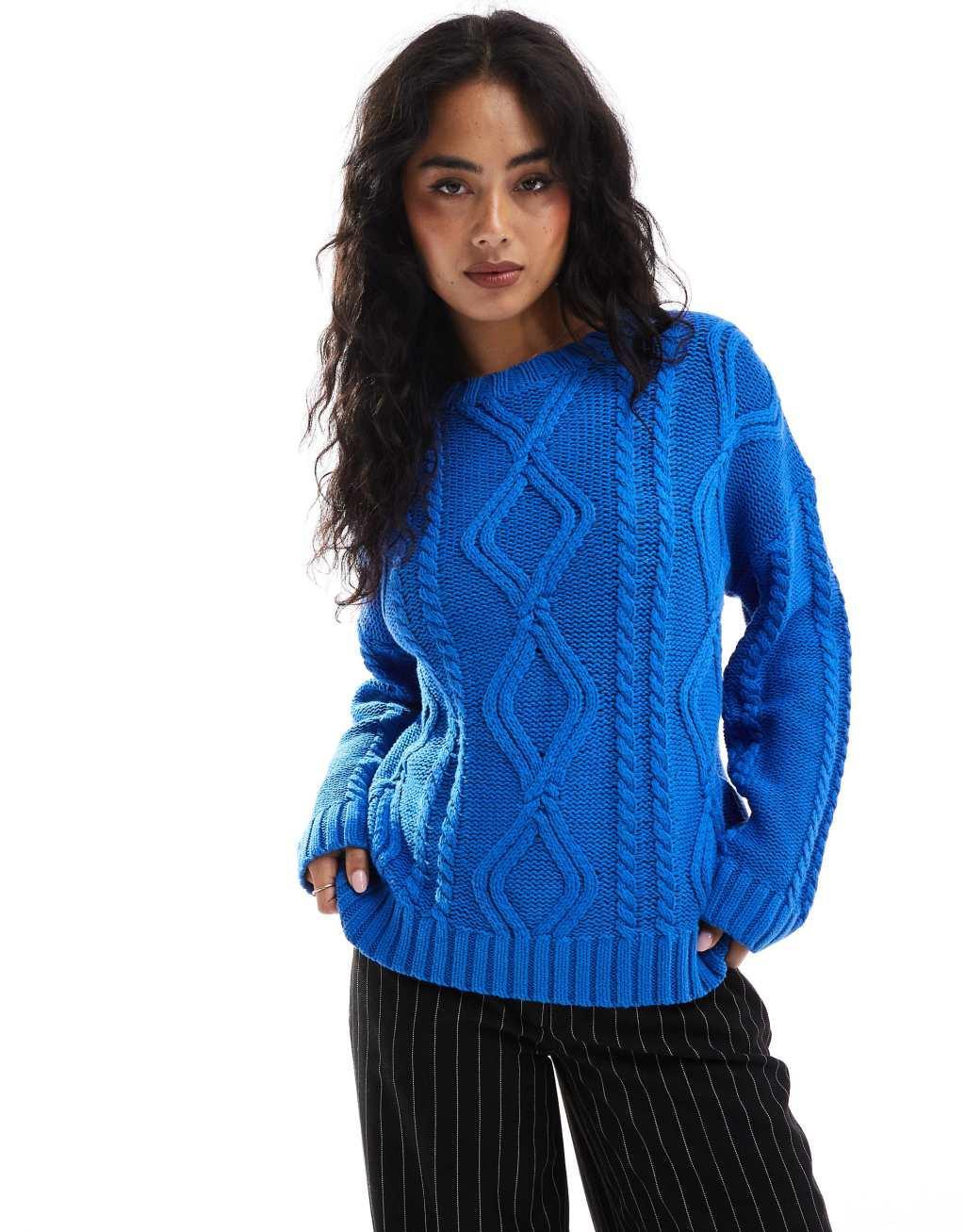 Cotton On oversized cable knit sweater in cobalt blue Product Image