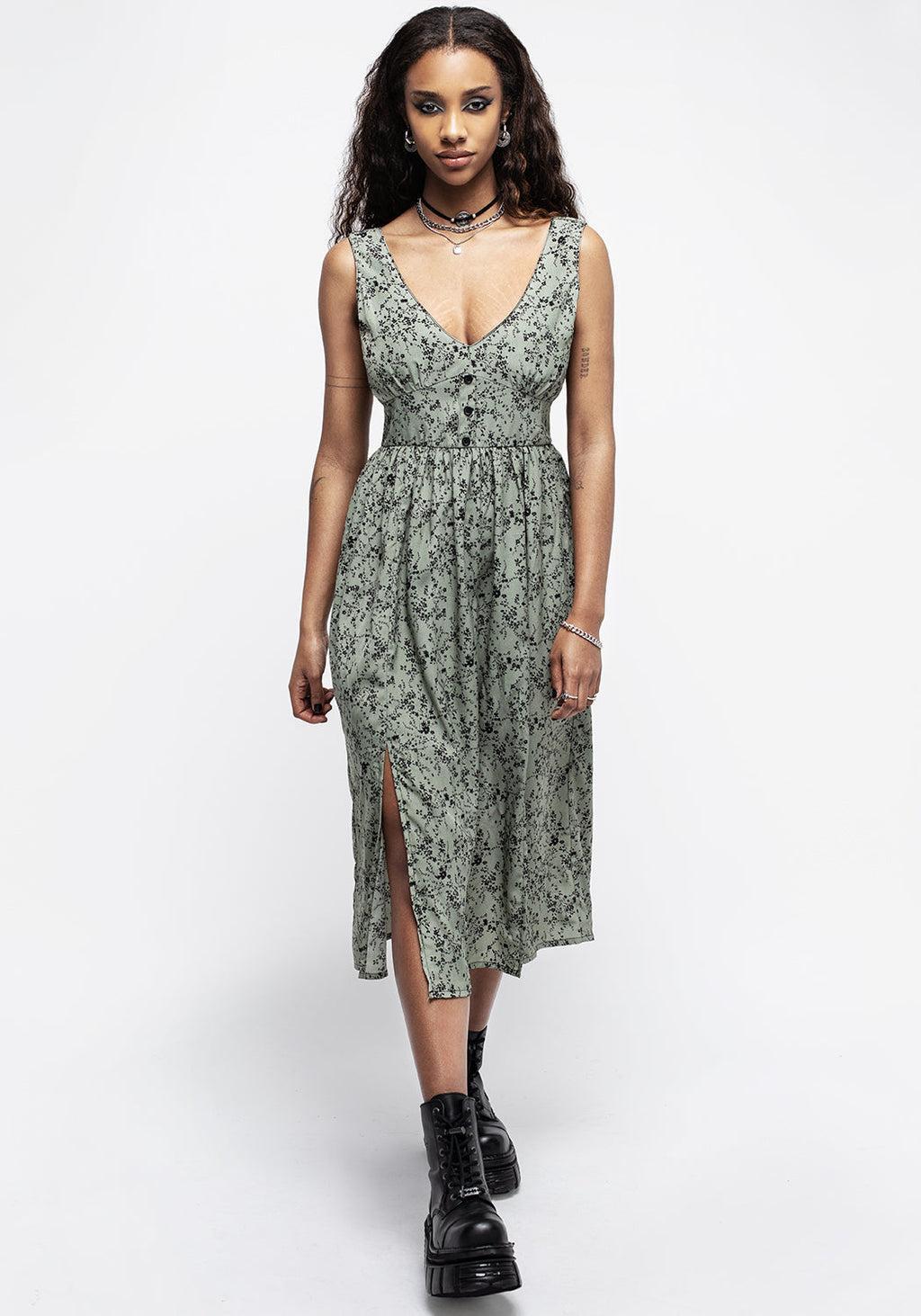 Cassie Green Floral Corset Button Midi Split Dress Product Image