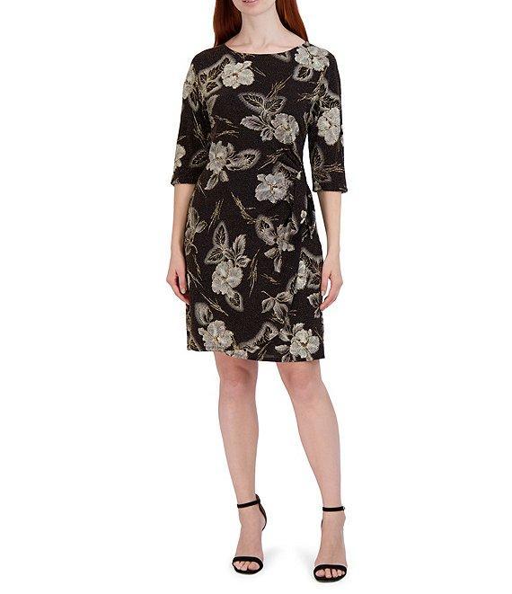 Robbie Bee 3/4 Sleeve Round Neck Floral Print Metallic Sheath Dress Product Image