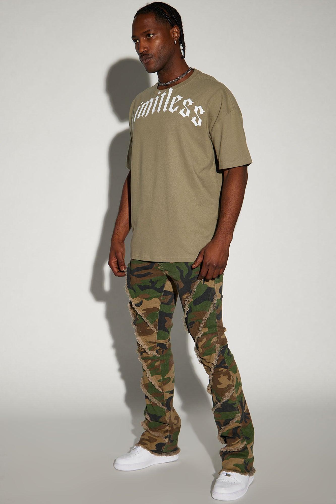 Slanted Fray Stacked Skinny Flare Jeans - Camouflage Product Image