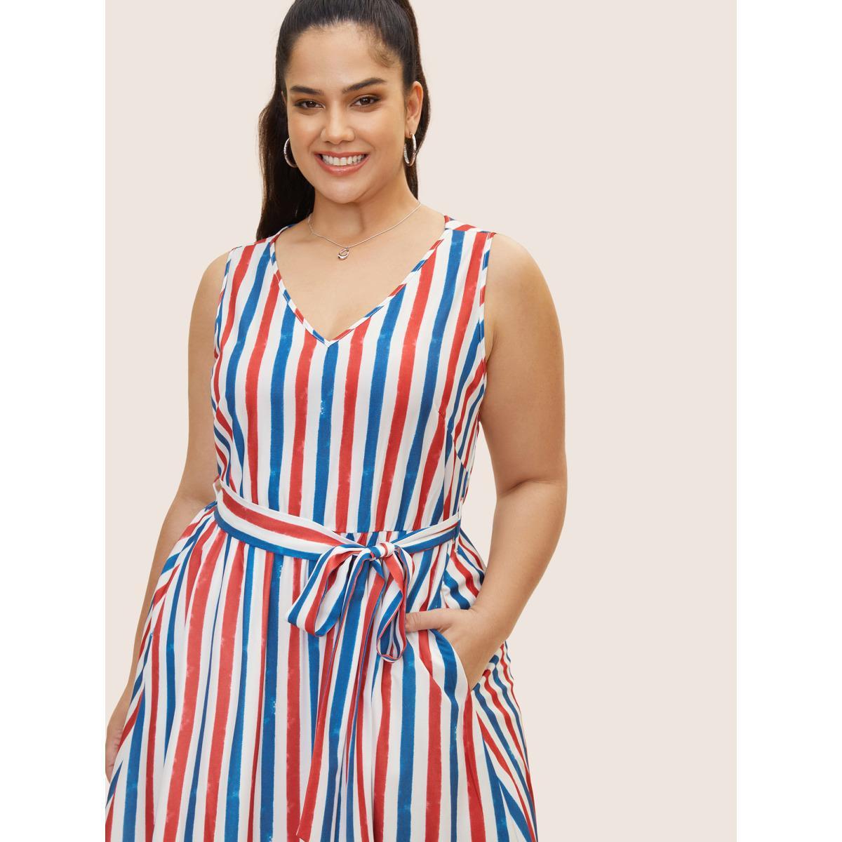 Plus Size V Neck Contrast Striped Tank Dress Multicolor Women Casual Tiered V-neck Sleeveless Curvy BloomChic 28/5X Product Image