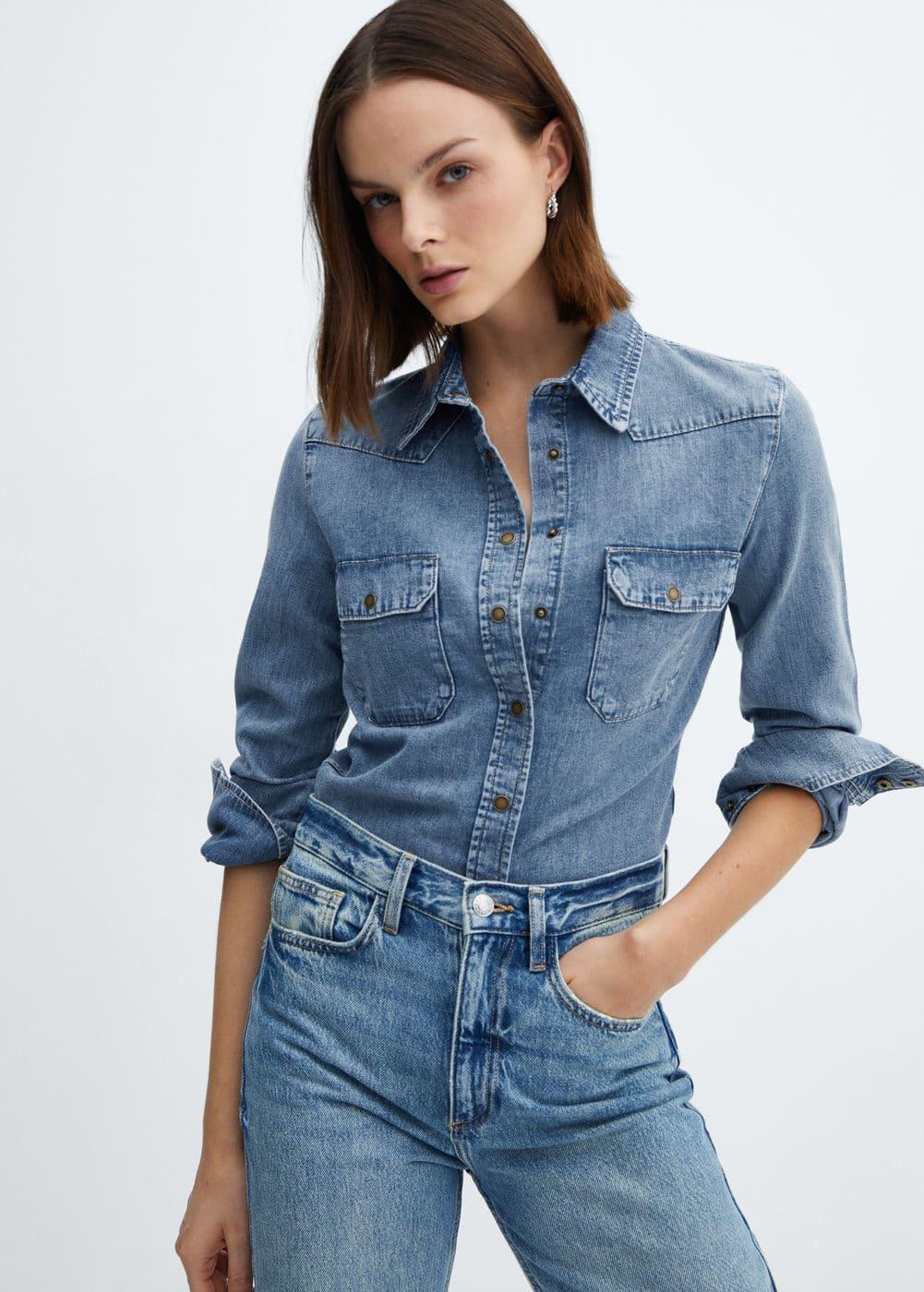 Mango Womens Chest-Pocket Denim Shirt Product Image