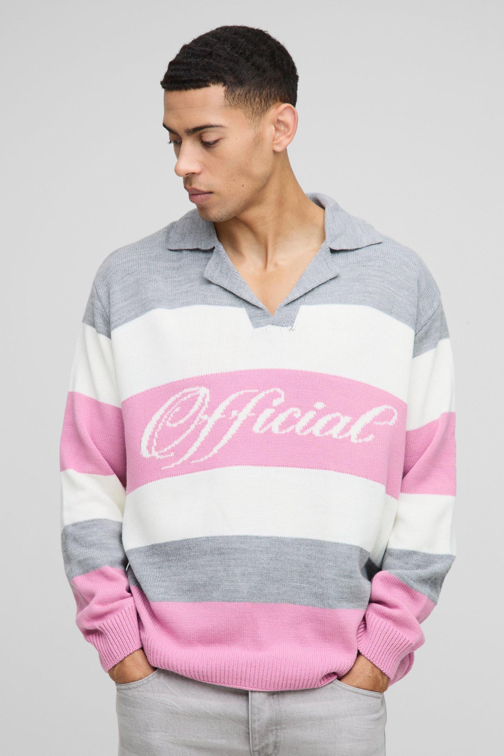 Official Oversized Revere Colour Block Knitted Polo Sweater | boohooMAN USA Product Image