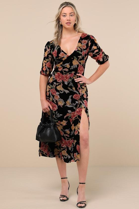 Gloriously Chic Black Floral Burnout Short Sleeve Midi Dress Product Image