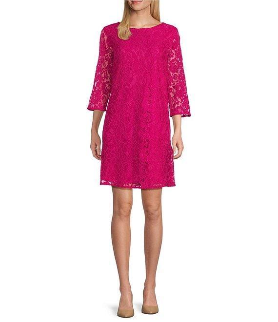 Caroline Rose Lace Round Neck 3/4 Sleeve Shift Dress Product Image