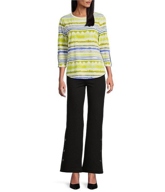 Slim Factor by Investments Watercolor Stripe Print Crew Neck 3/4 Sleeve Snaps Top Product Image