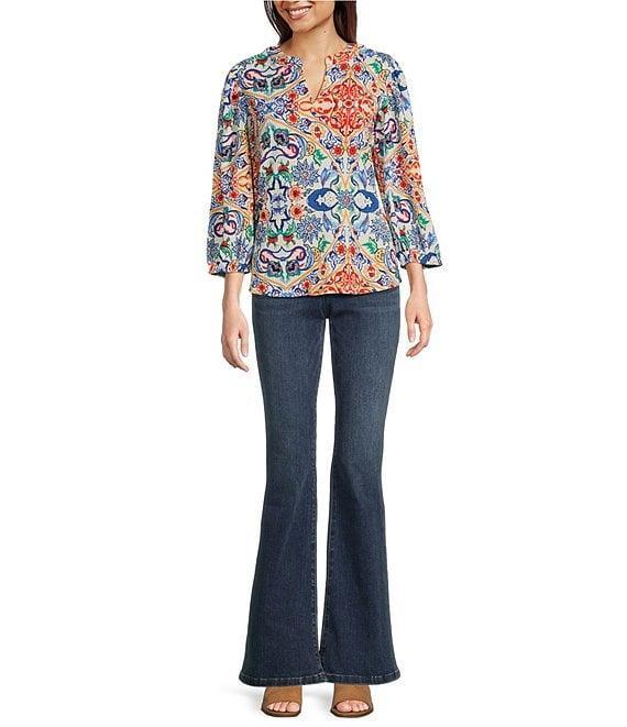 Calessa Textured Crinkle Knit Florentine Mosaic Print Banded Split V-Neck Long Balloon Sleeve Tunic Product Image