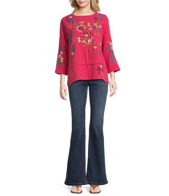 Tru Luxe Jeans Floral Embroidery Boat Neck 3/4 Sleeve Top Product Image