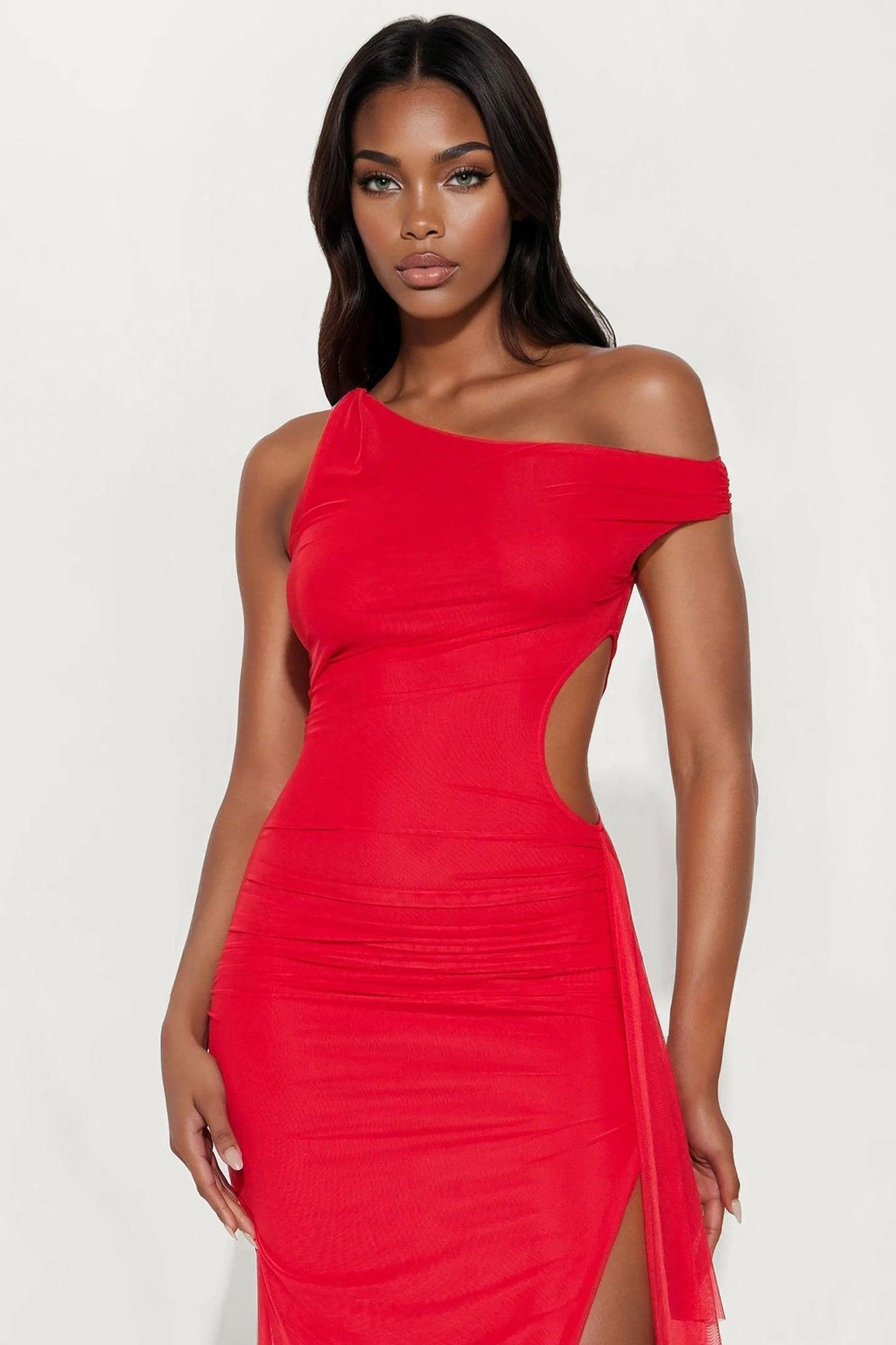 Maria Draped Mesh Maxi Dress - Red Product Image