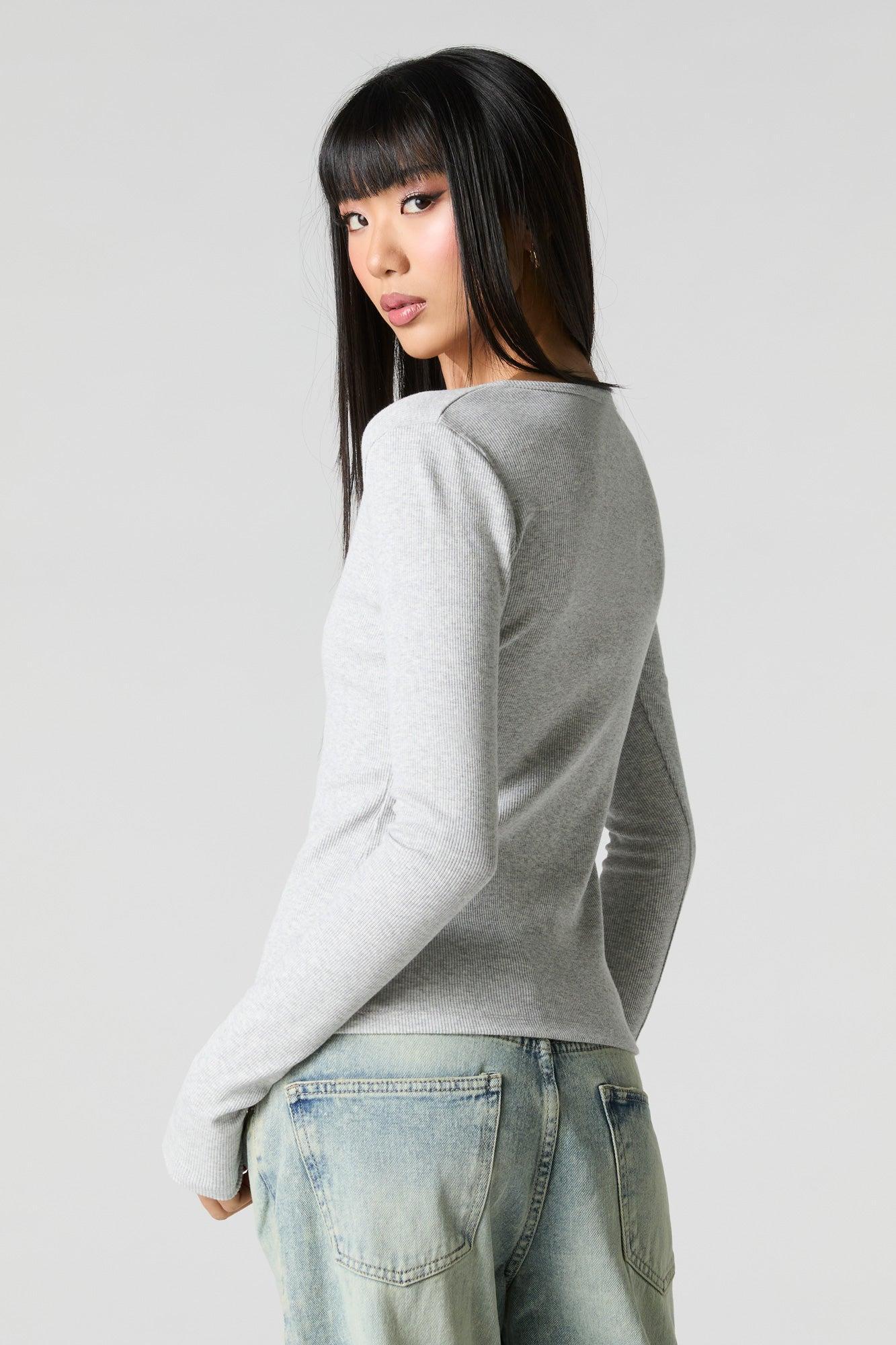 Ribbed V-Neck Button-Up Top Female Product Image