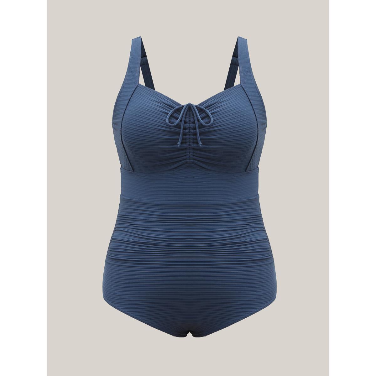 Plus Size Textured Channel Drawstring One-Piece Swimsuit Women's Swimwear Mediumblue Beach Texture Curve Bathing Suits High stretch One Pieces BloomChic 22-24/3X Product Image