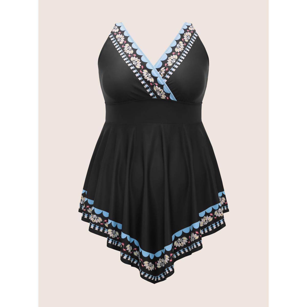 Plus Size Overlap Collar Boho Print Hanky Hem Swim Dress Women's Swimwear Black Beach Bodycon Overlap Collar High stretch Curve Swim Dresses BloomChic 18-20/2X Product Image