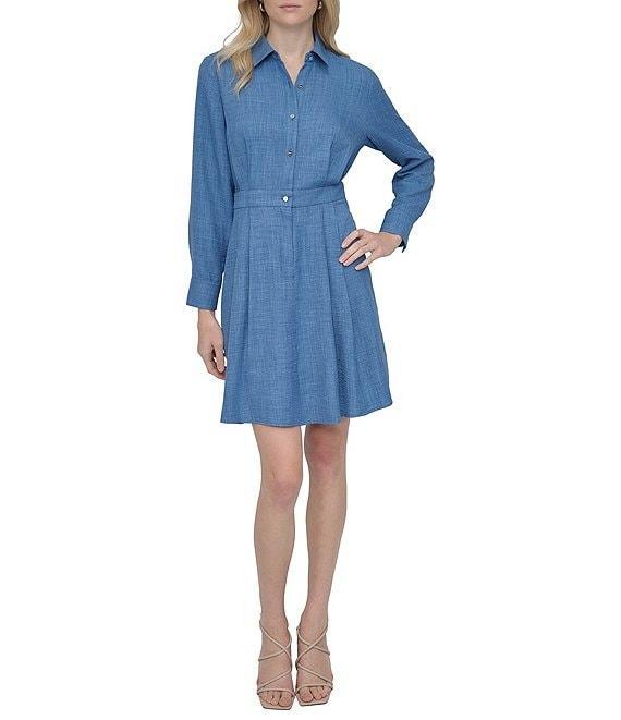 DKNY by Donna Karan Point Collar Long Sleeve Button Front Melange Washer Shirtdress Product Image