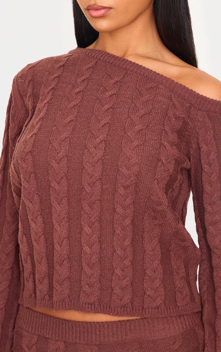 Chocolate Cable Knit Asymmetric Neckline Oversized Sweater Product Image
