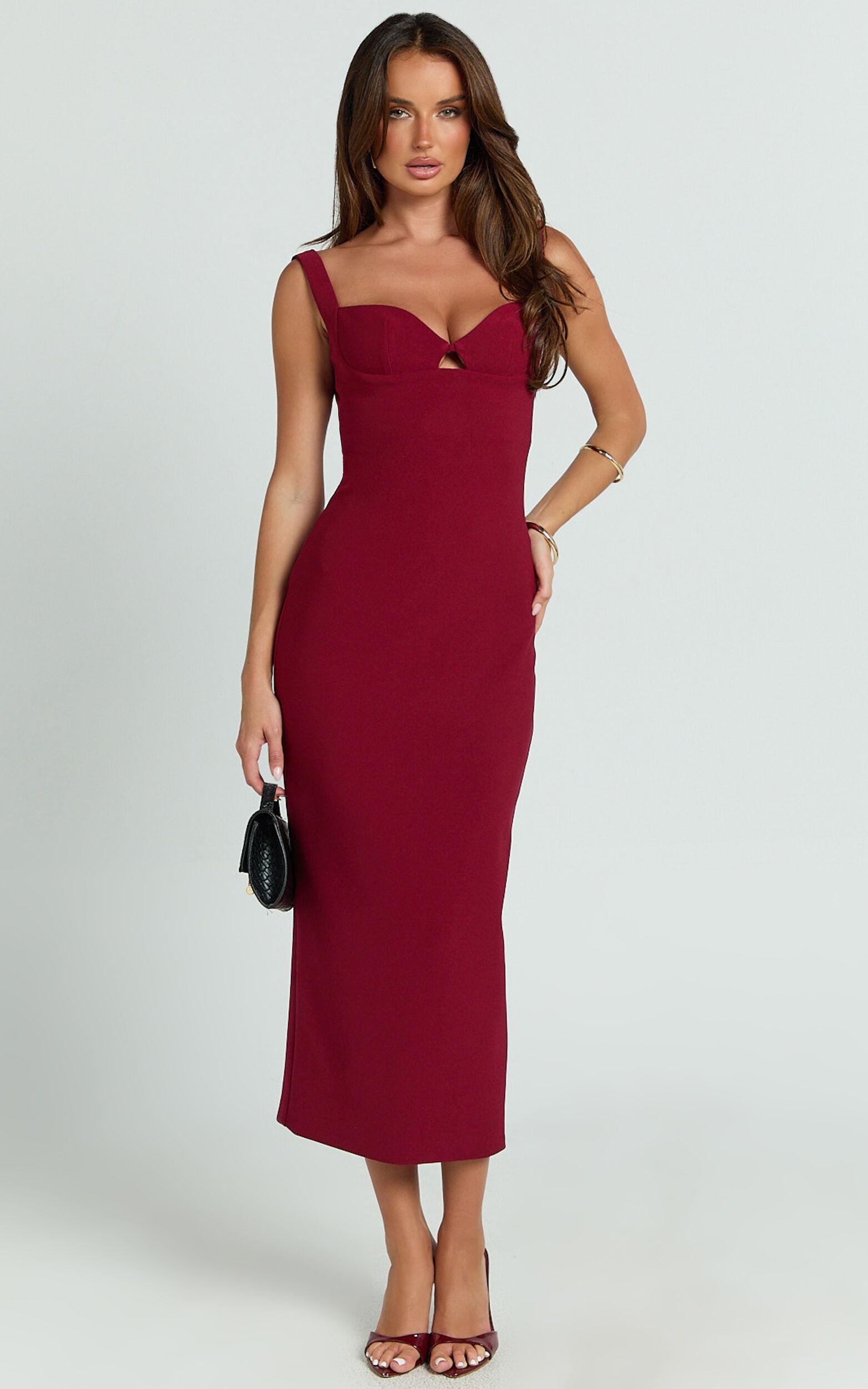 Isabelle Midi Dress - Cut Out Low Back Column Dress in Wine Product Image