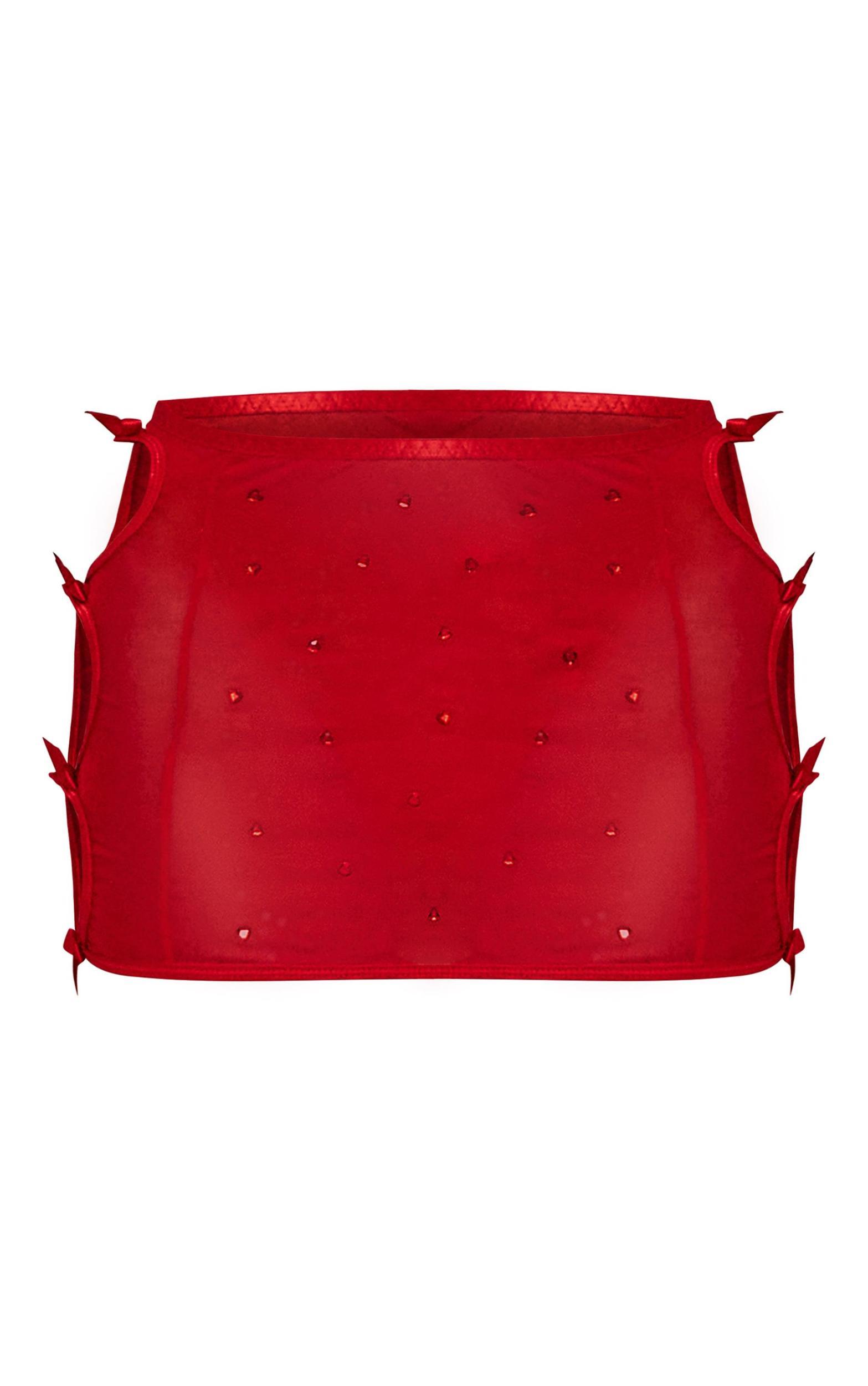 Red Mesh Diamante Heart Cut Out Lingerie Skirt Product Image
