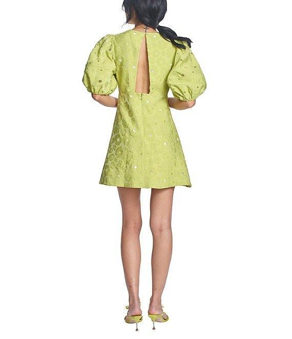 COREY LYNN CALTER Floral Jacquard Metallic Cutout Round Neck Elbow Puff Sleeve Dress Product Image