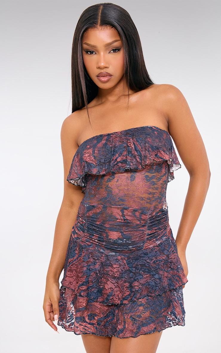 Dark Purple Print Crinkle Mesh Bandeau Ruffle Detail Mini Dress Product Image