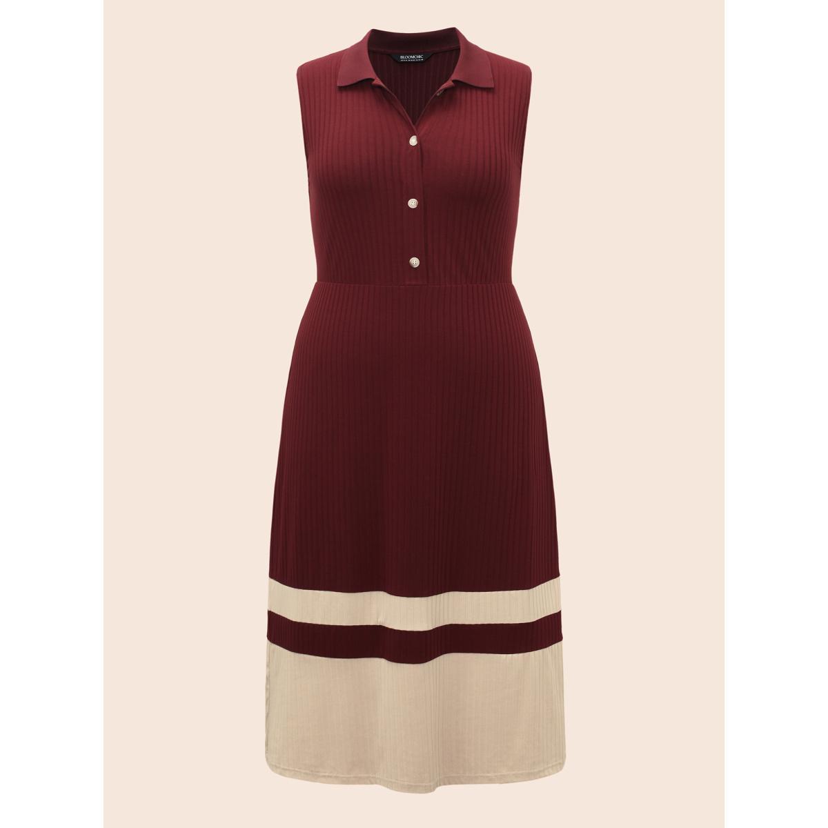 Plus Size Contrast Patchwork Button Up Dress Deepred Women Casual Texture Shirt collar Sleeveless Curvy BloomChic 14-16/1X Product Image