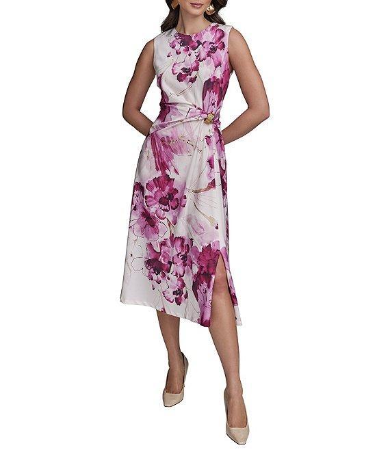 Donna Karan Floral Print Crew Neck Cap Sleeve Wrap Front Midi Dress Product Image