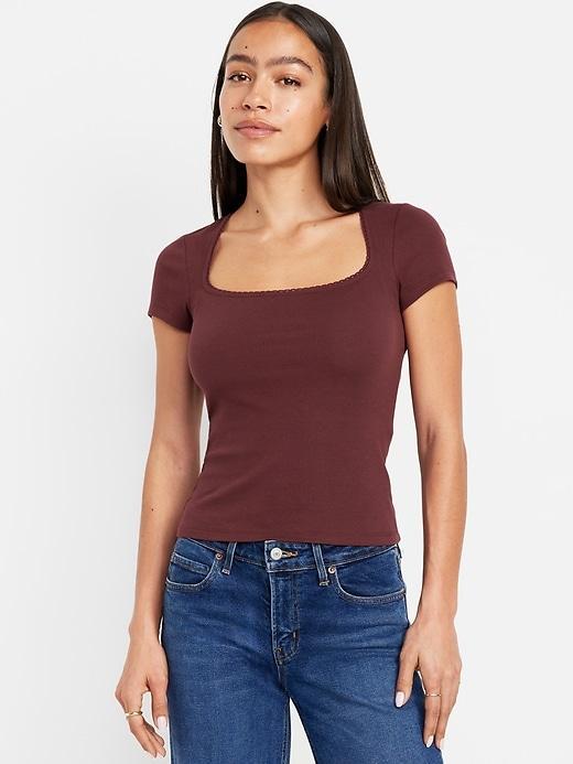 Lace-Trim Rib-Knit Top Product Image