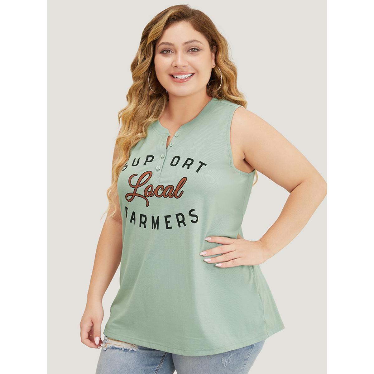 Plus Size Letter Print Button Up Graphic Sleeveless Tank Top Women Mint Casual Button Dailywear Tank Tops Camis BloomChic 22-24/3X Product Image