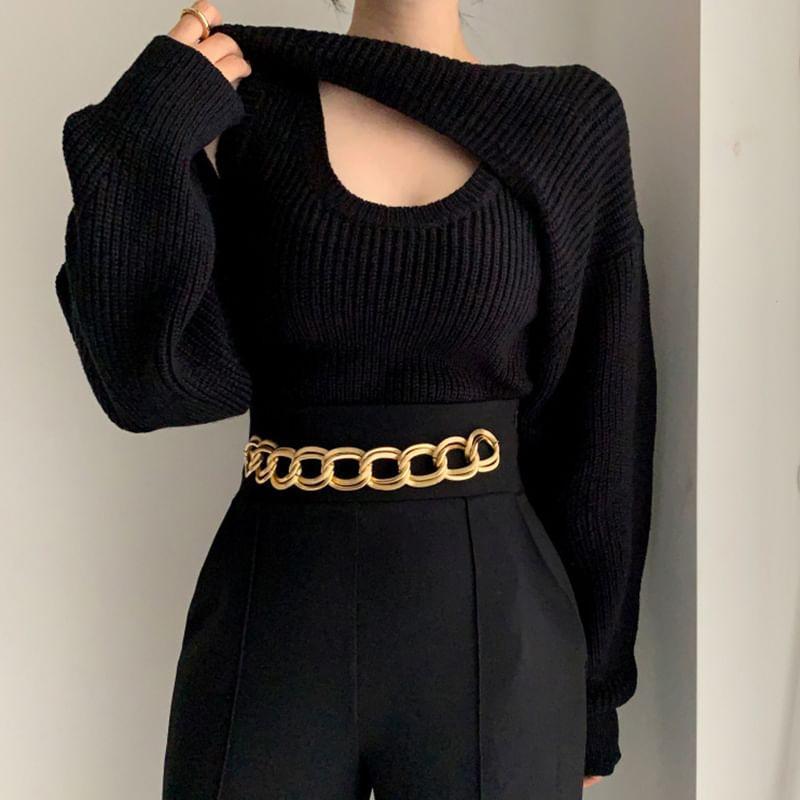 Set: Crew Neck Plain Ribbed Cropped Sweater + Scoop Neck Tank Top Product Image