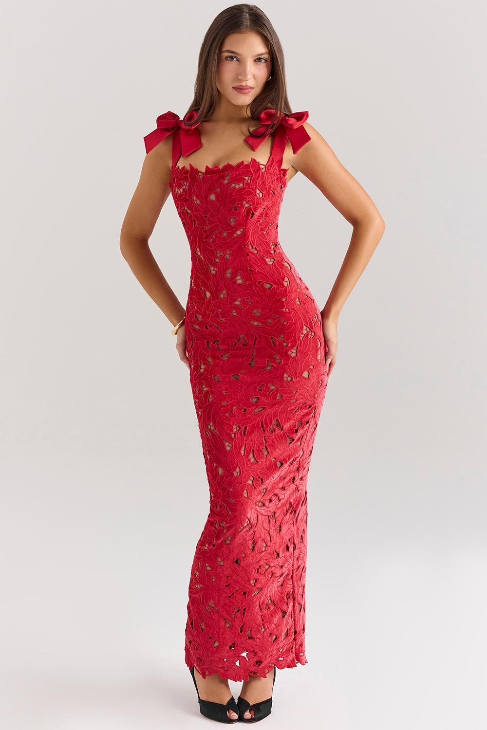 Tiff  holly red velvet lace maxi dress Product Image