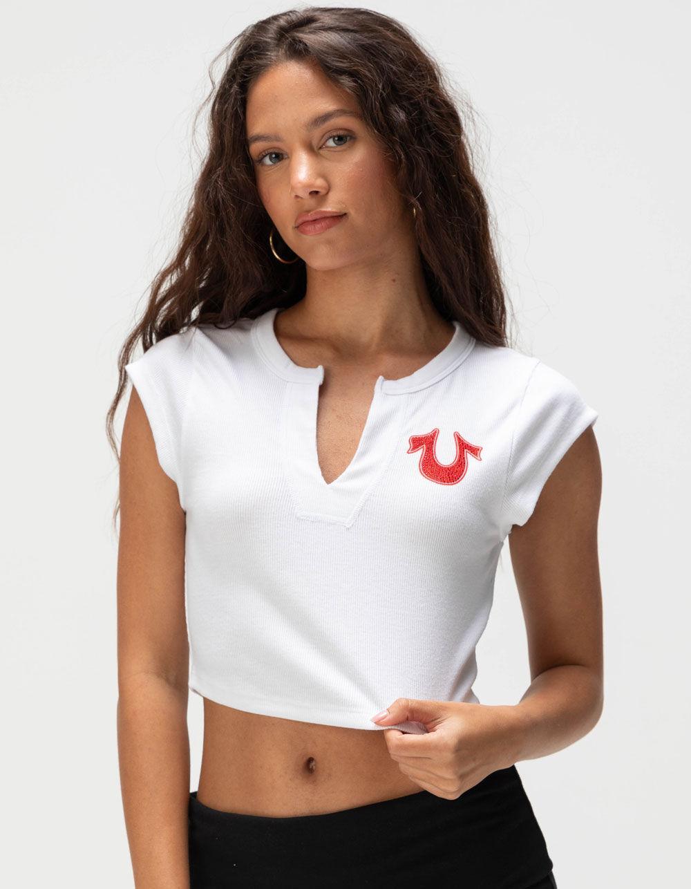 TRUE RELIGION Number Womens Notch Crop Tee - WHITE Product Image
