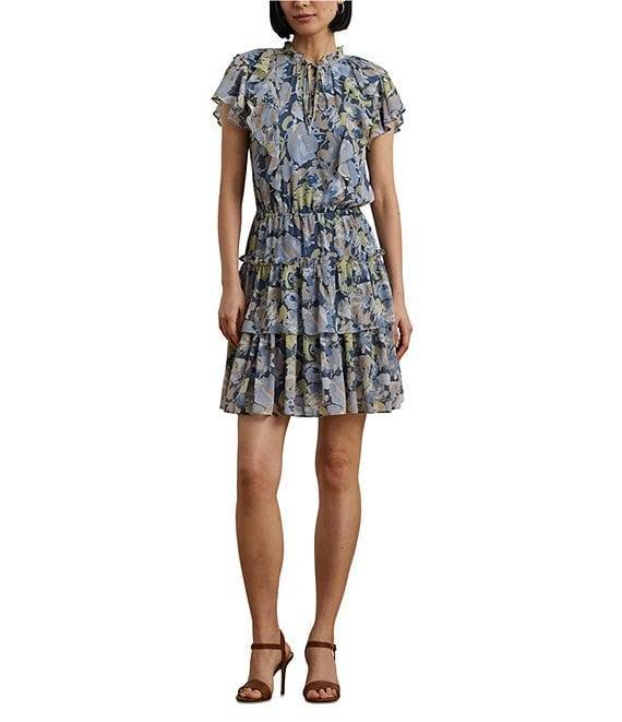 Lauren Ralph Lauren Crinkle Georgette Floral Ruffle Trim Tiered Dress Product Image