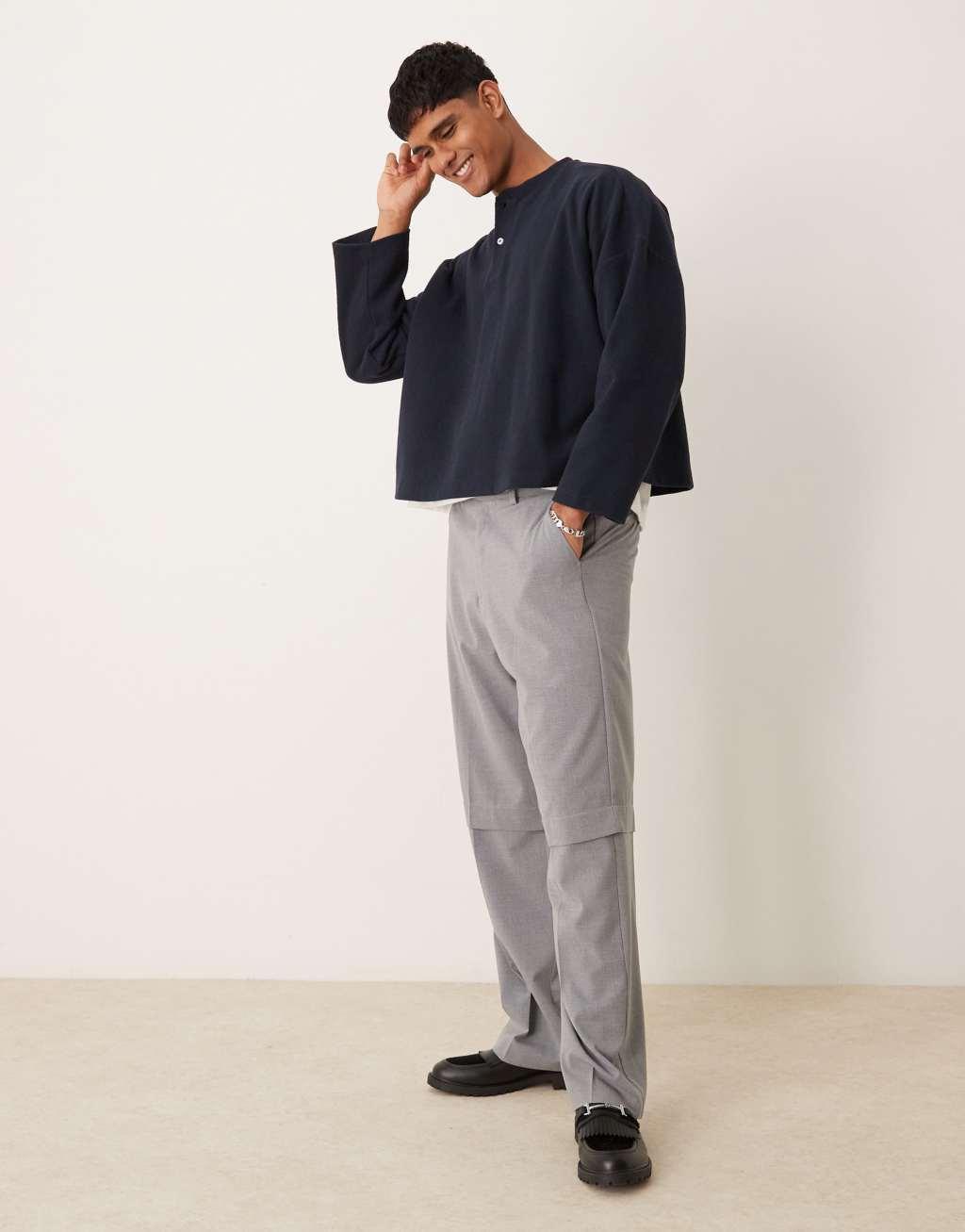ASOS DESIGN super oversized cropped heavyweight rib henley sweater in navy Product Image