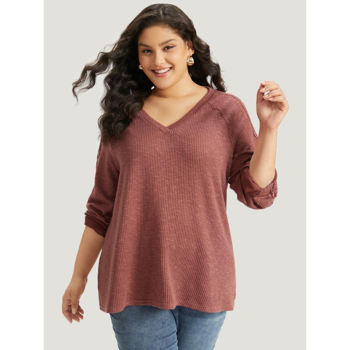 Plus Size Rib Knit Lace Panel Raglan Sleeve T-shirt DustyPink Women Elegant Texture Plain V-neck Dailywear T-shirts BloomChic 30/6X Product Image