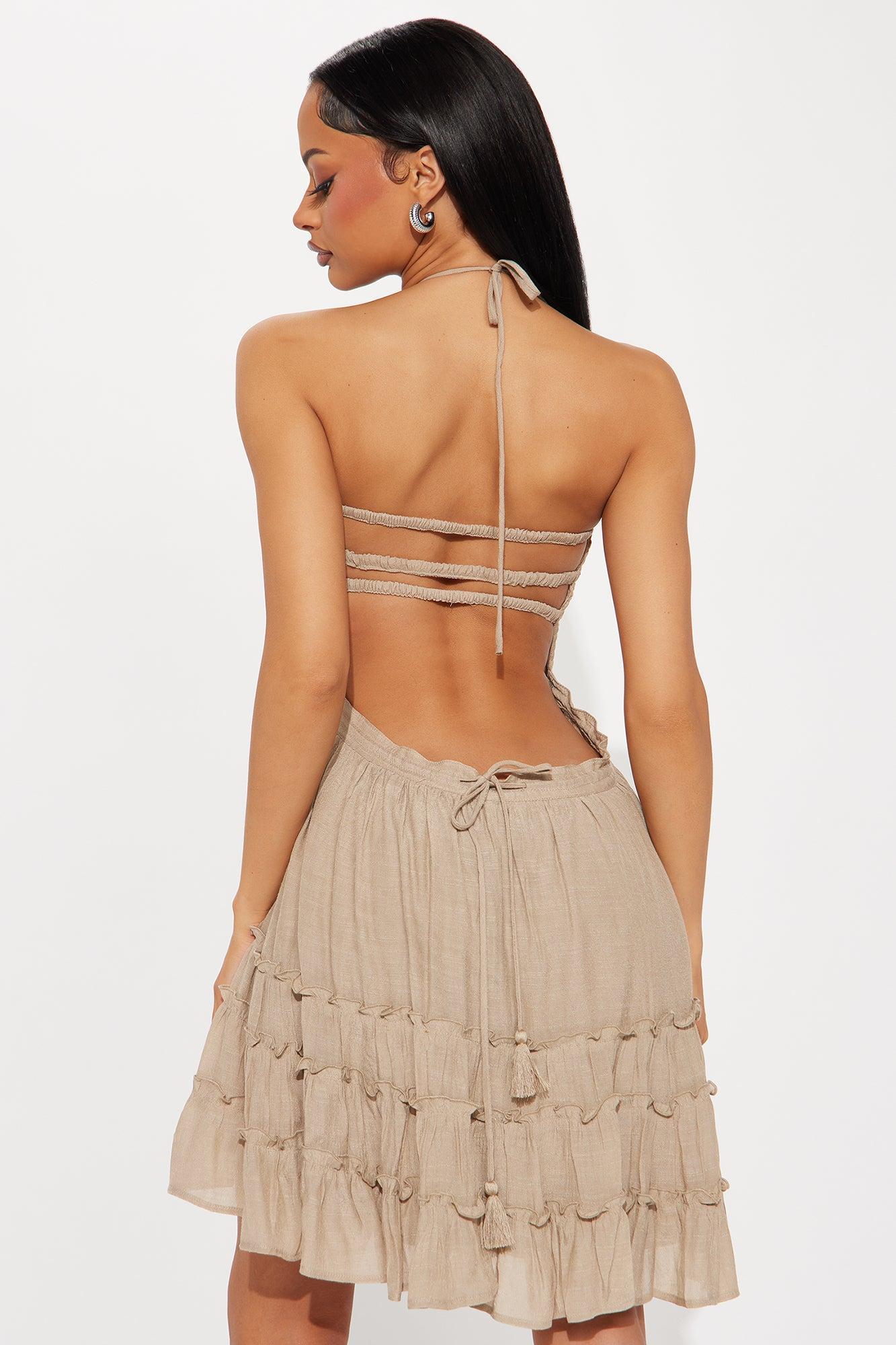 Kezia Gauze Halter Mini Dress - Taupe Product Image