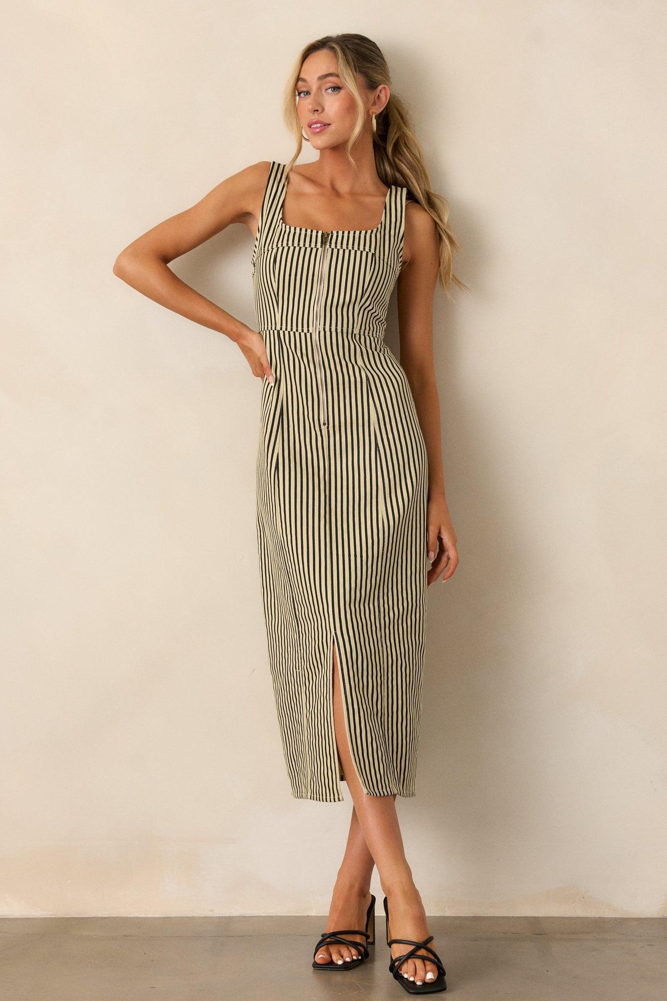 Timeless Beauty Black Stripe Zip Front Denim Maxi Dress Product Image