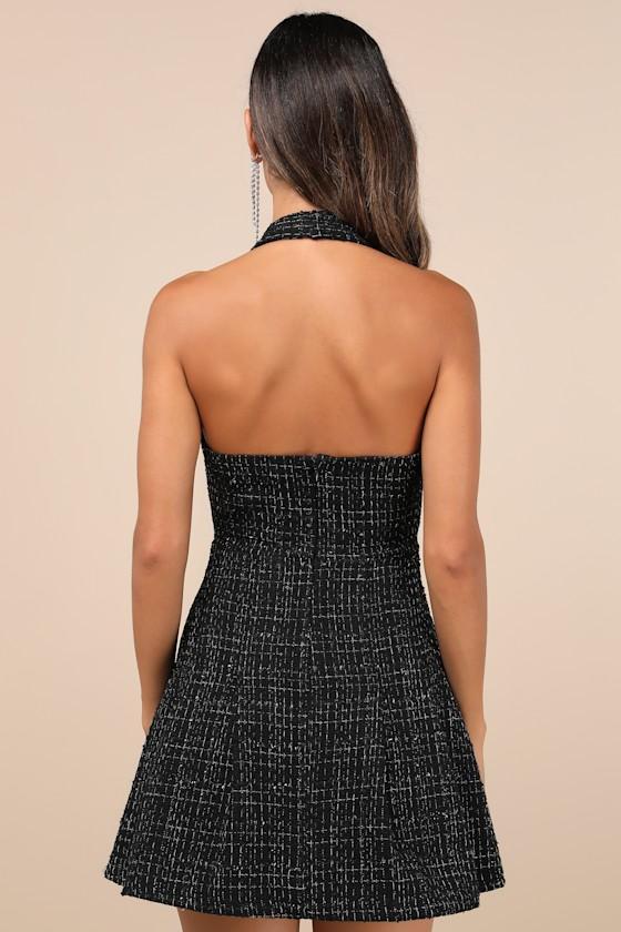 Upscale Confidence Black Tweed Lurex Pleated Halter Mini Dress Product Image
