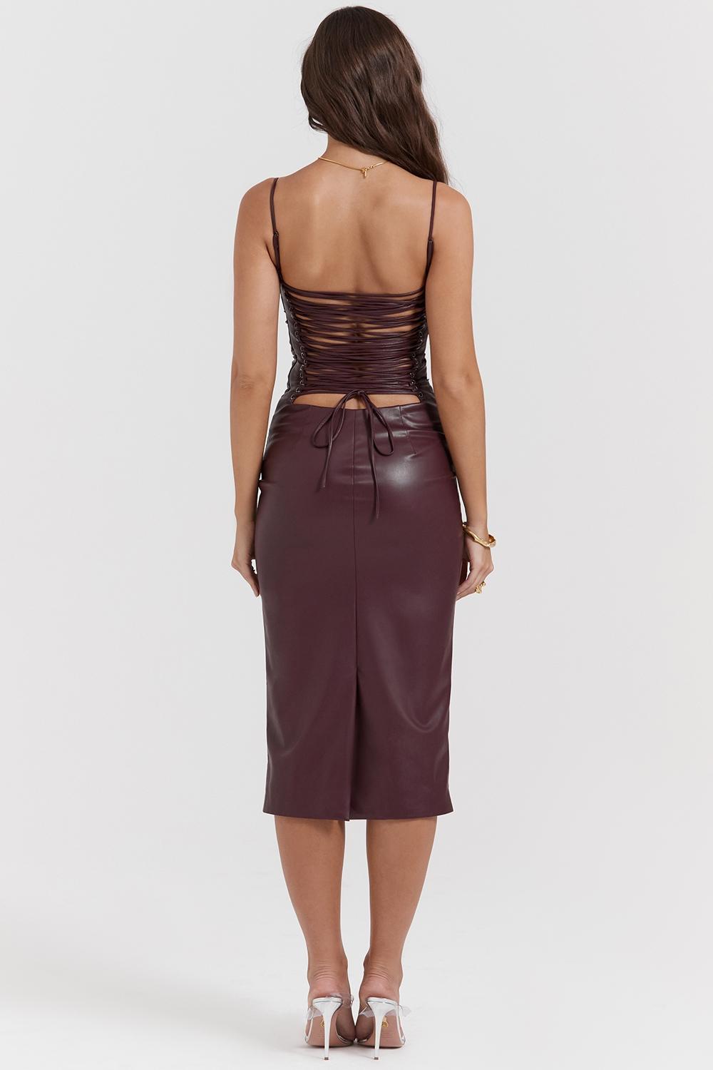 Jalena  mulberry vegan leather lace back dress - sale Product Image