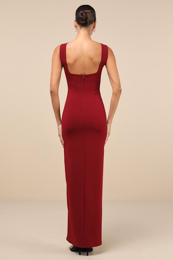 Inspiring Allure Wine Red Square Neck Column Maxi Dress Product Image