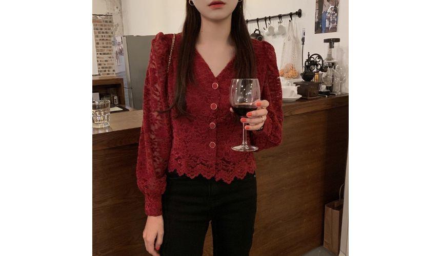 Long-Sleeve V-Neck Lace Cropped Blouse Product Image