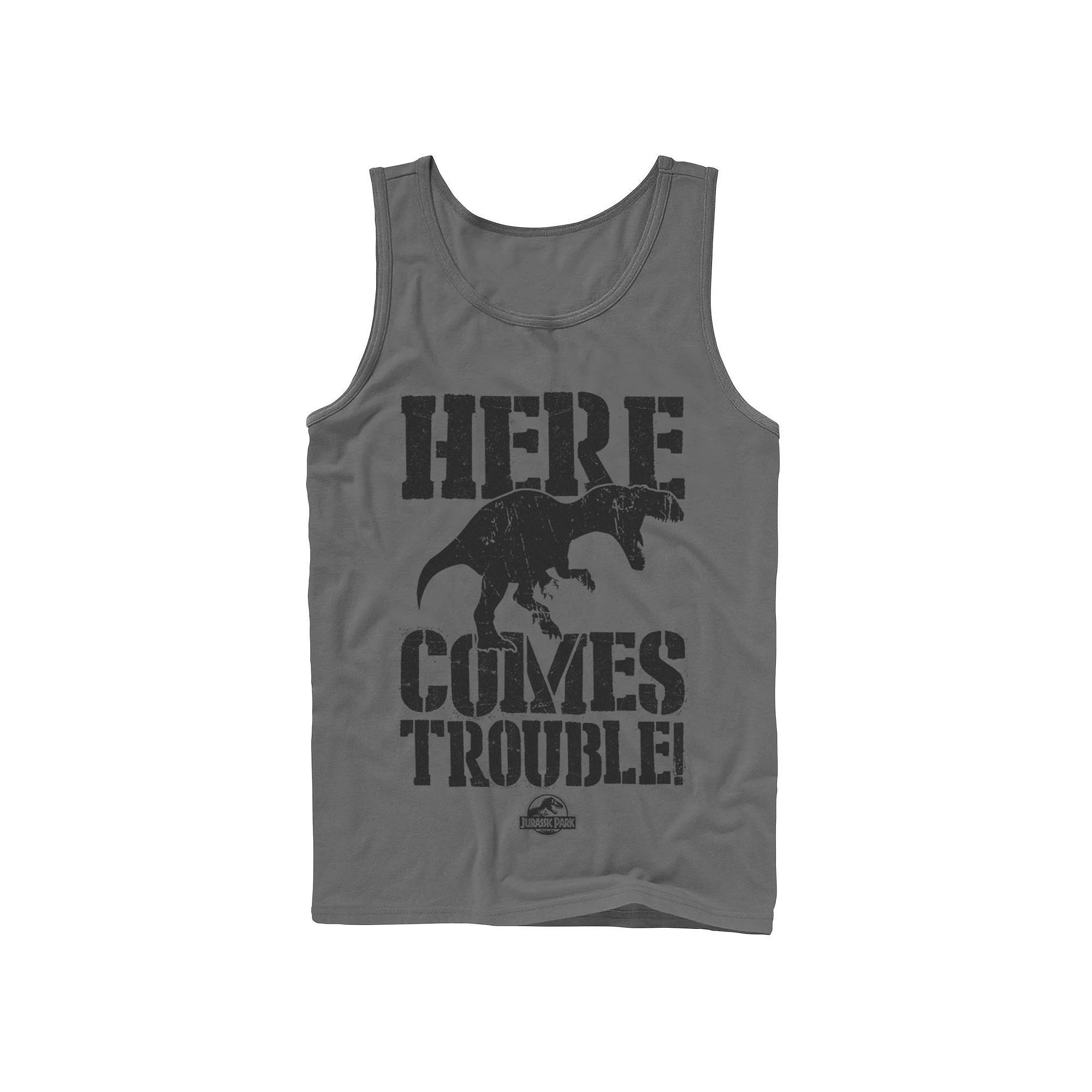 Men's Jurassic Park Here Comes Trouble Tank Top, Size: Small, Grey Product Image
