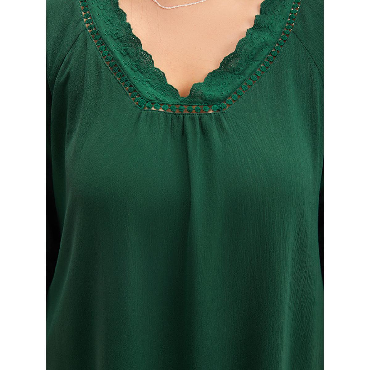 Plus Size Emerald Lace Panel Hollow Out Bell Sleeve Blouse Women Elegant Elbow-length sleeve V-neck Everyday Blouses BloomChic 28/5X Product Image