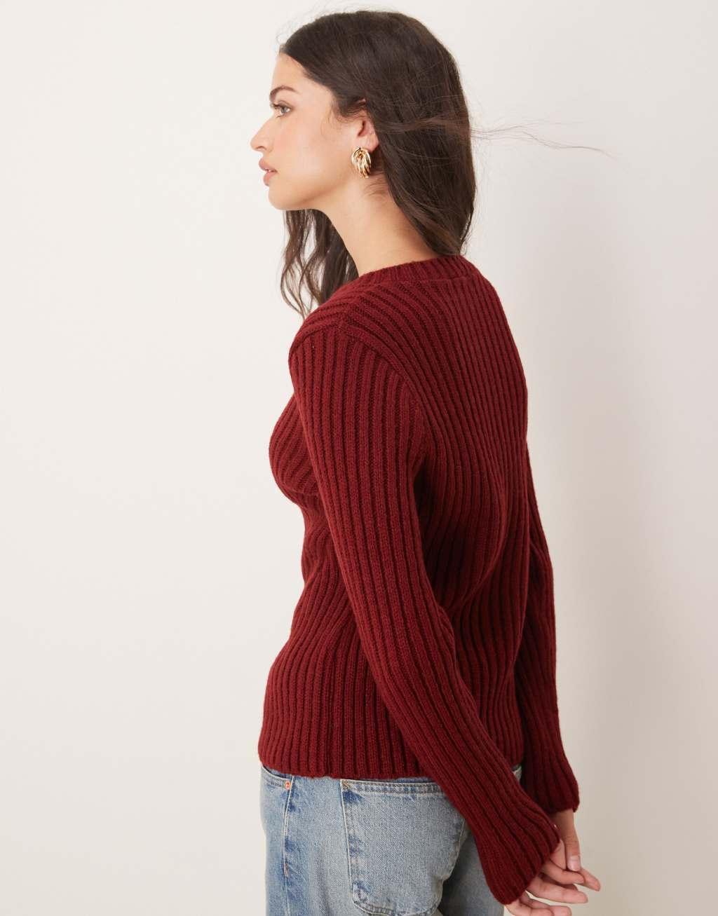 Miss Selfridge knit rib cardigan in burgundy Product Image