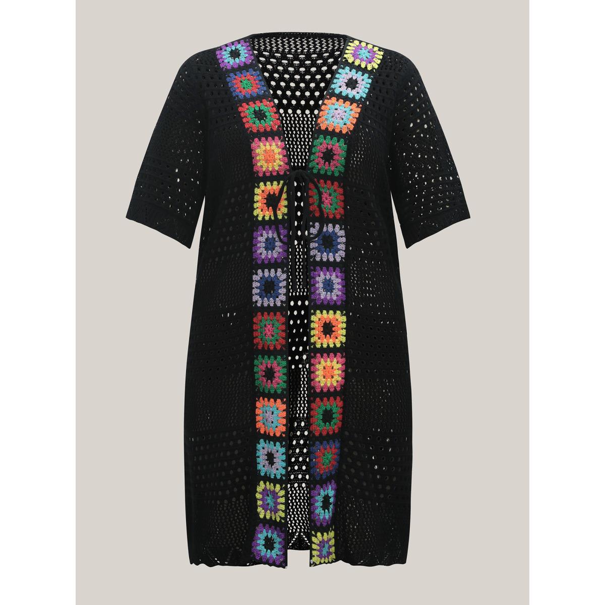 Plus Size Crocheted Cut-Out Tied Swim Cover-Up Women's Swimwear Black Beach Loose Texture Curve Swim Cover Ups BloomChic 12/L Product Image
