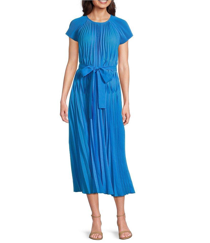 Current Air Allover Pleated Round Neck Short Sleeves Belted Midi Dress Product Image