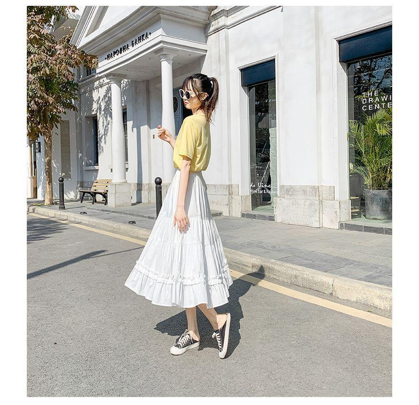 High Waist Plain Ruffle Midi A-Line Skirt Product Image