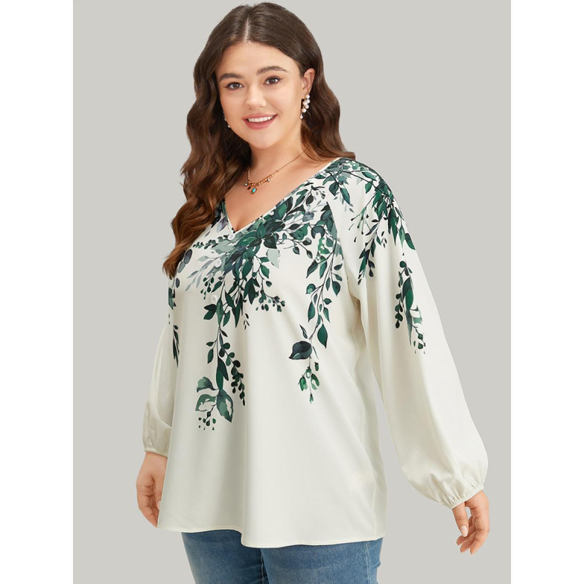 Plus Size DimGray Plants Print Lantern Sleeve Button Detail Blouse Women Vacation Long Sleeve V-neck Dailywear Blouses BloomChic 28/5X Product Image
